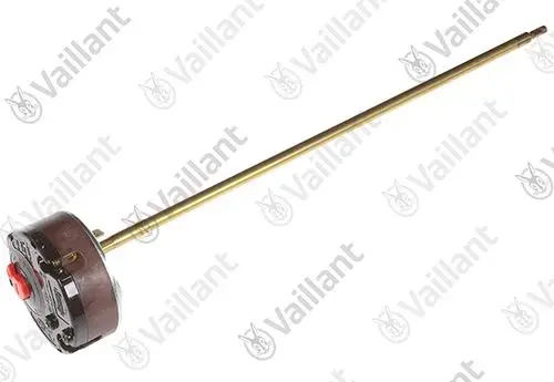 Thermostat von Vaillant mit einer langen Metallsonde und einem runden Gehäuse, das eine rote Taste enthält.
